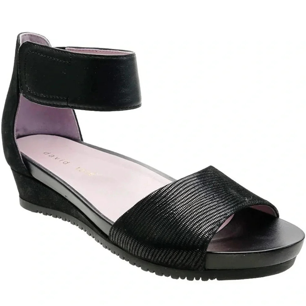 David Tate Black Low Wedge Velcro Strap Sandal Women Size 8
